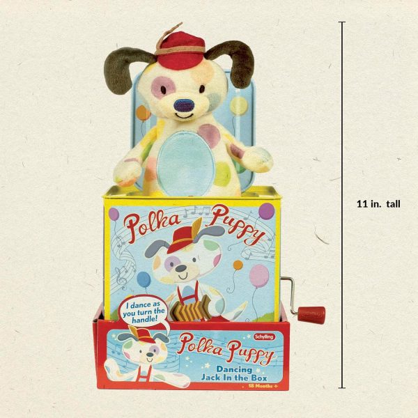 Schylling Polka Puppy Jack in the Box - Classic Children's Musical Toy that Dances - Colorful Embossed Tin Box and Lovable Puppy Plush - Age 18 months and Up